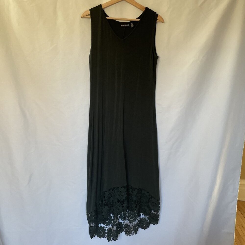 Nina Leonard dark forest green dress midi sleeveless v-neck women's size M rayon